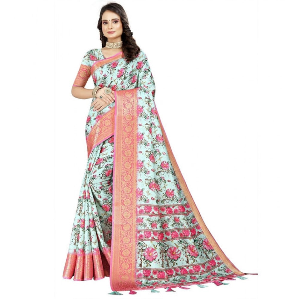 Amfyn Women's Cotton Silk Floral Printed Saree With Unstitched Blouse 5.5Mtr (Multicolor)