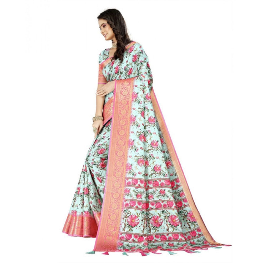 Amfyn Women's Cotton Silk Floral Printed Saree With Unstitched Blouse 5.5Mtr (Multicolor)