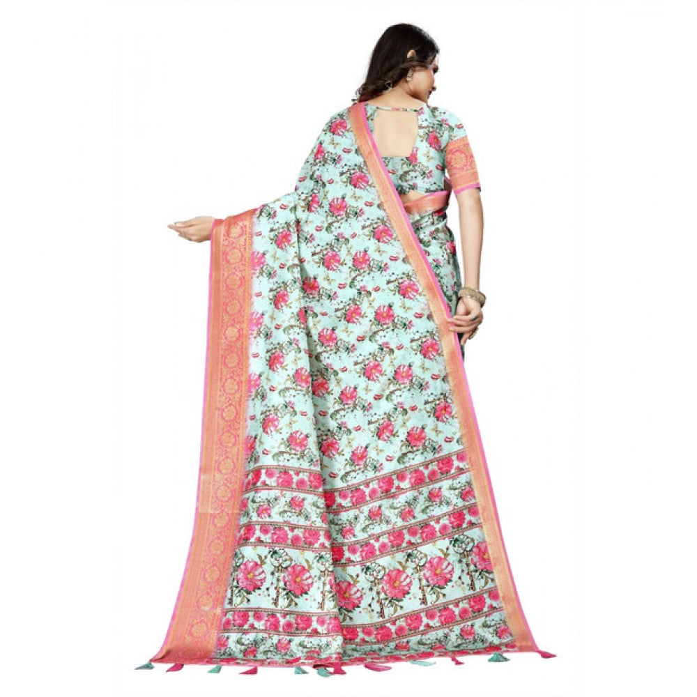Amfyn Women's Cotton Silk Floral Printed Saree With Unstitched Blouse 5.5Mtr (Multicolor)