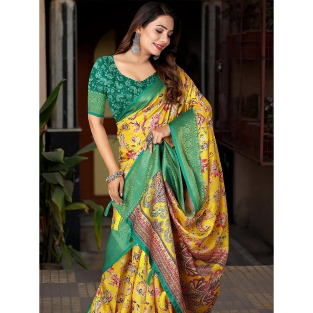 Amfyn Women's Cotton Silk Floral Printed Saree With Unstitched Blouse 5.5Mtr (Yellow-Green)