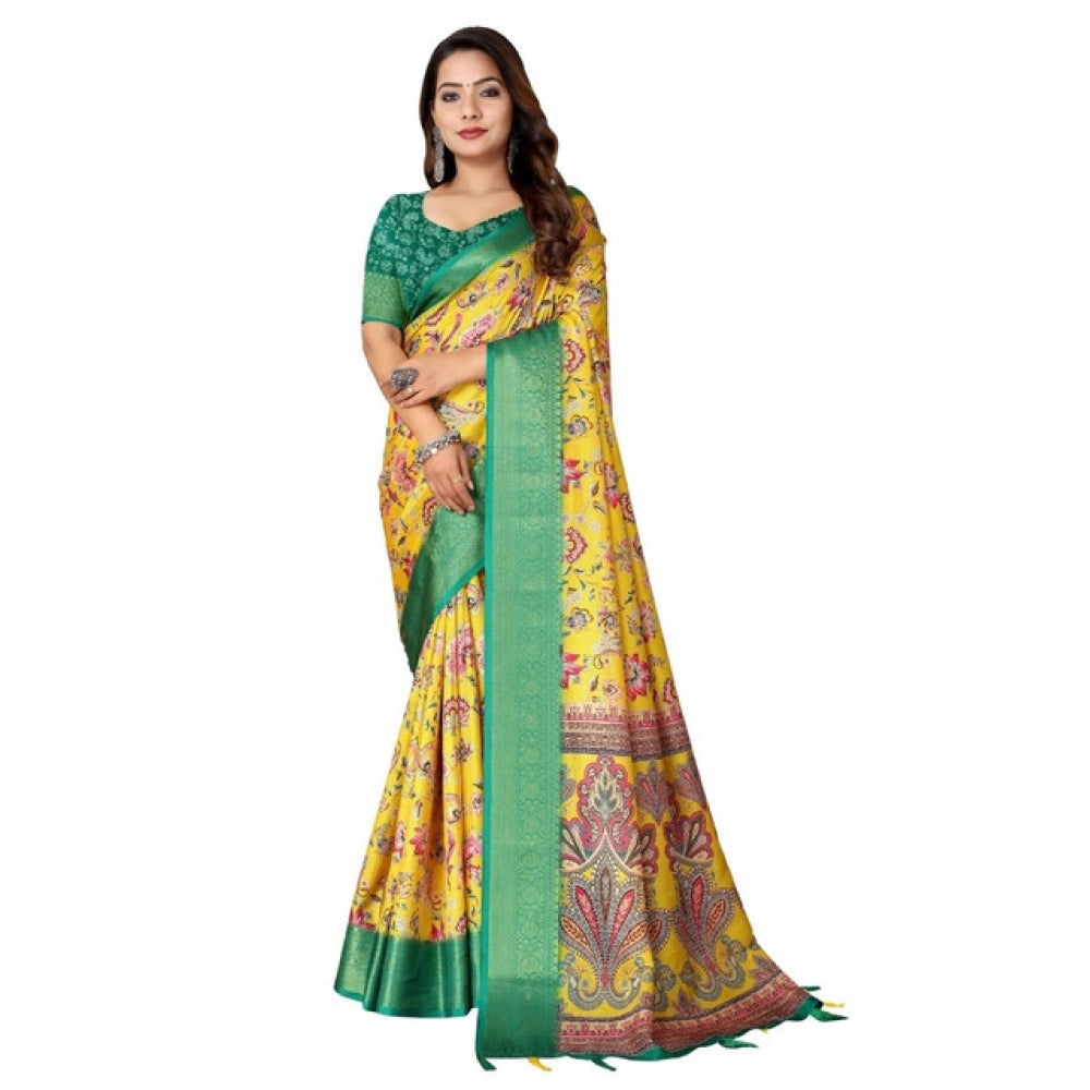 Amfyn Women's Cotton Silk Floral Printed Saree With Unstitched Blouse 5.5Mtr (Yellow-Green)