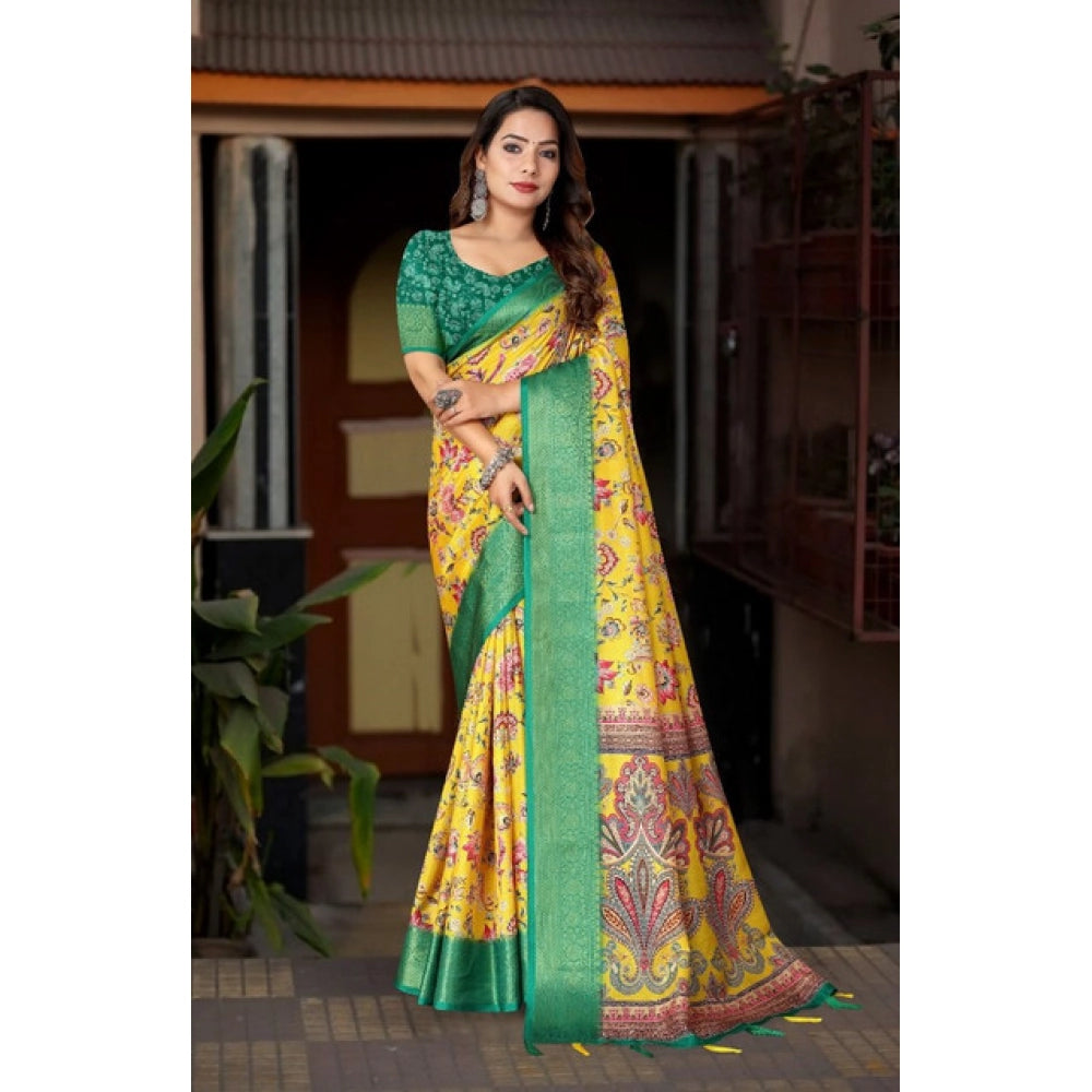 Amfyn Women's Cotton Silk Floral Printed Saree With Unstitched Blouse 5.5Mtr (Yellow-Green)
