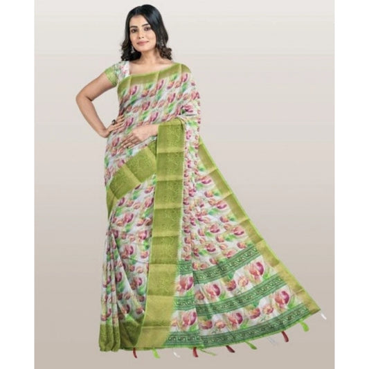 Amfyn Women's Cotton Blend Floral Printed Saree With Unstitched Blouse 5.5Mtr (Green-White)