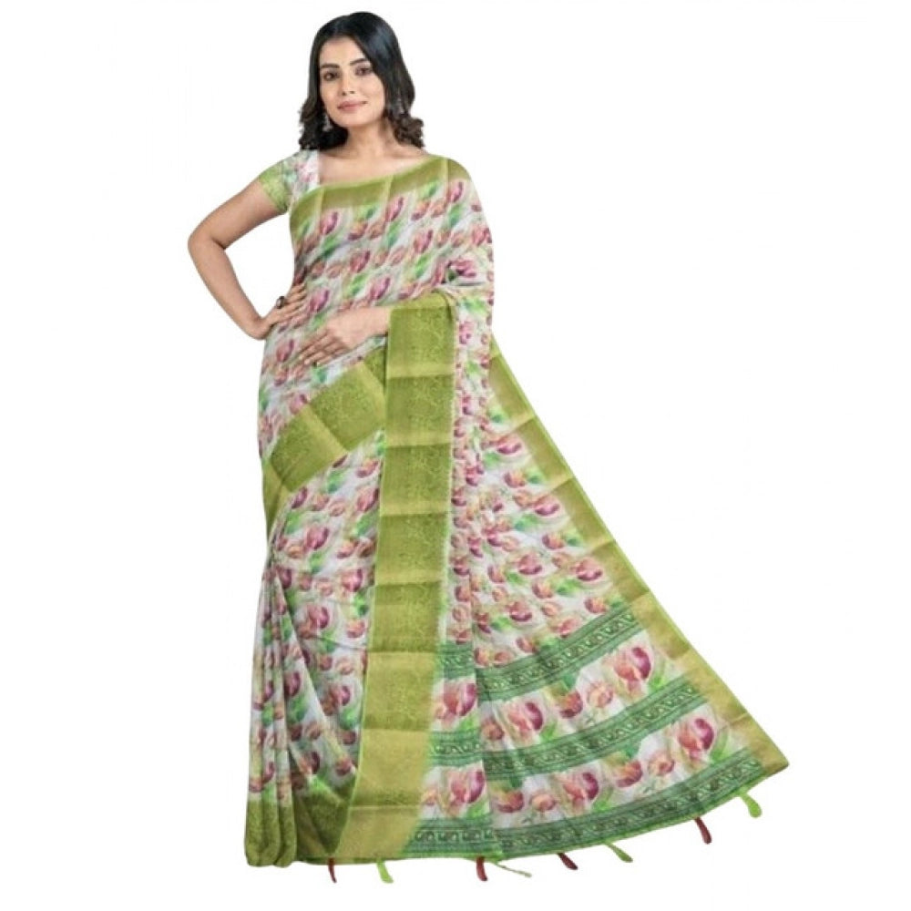 Amfyn Women's Cotton Blend Floral Printed Saree With Unstitched Blouse 5.5Mtr (Green-White)