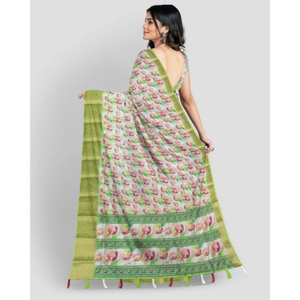 Amfyn Women's Cotton Blend Floral Printed Saree With Unstitched Blouse 5.5Mtr (Green-White)