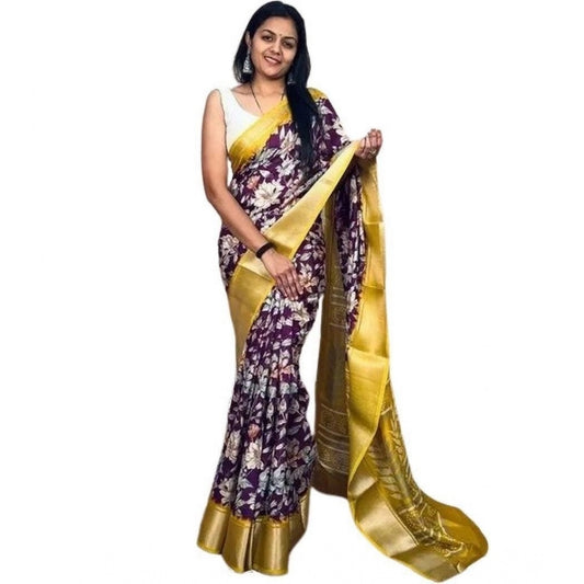 Amfyn Women's Cotton Blend Floral Printed Saree With Unstitched Blouse 5.5Mtr (Purple)