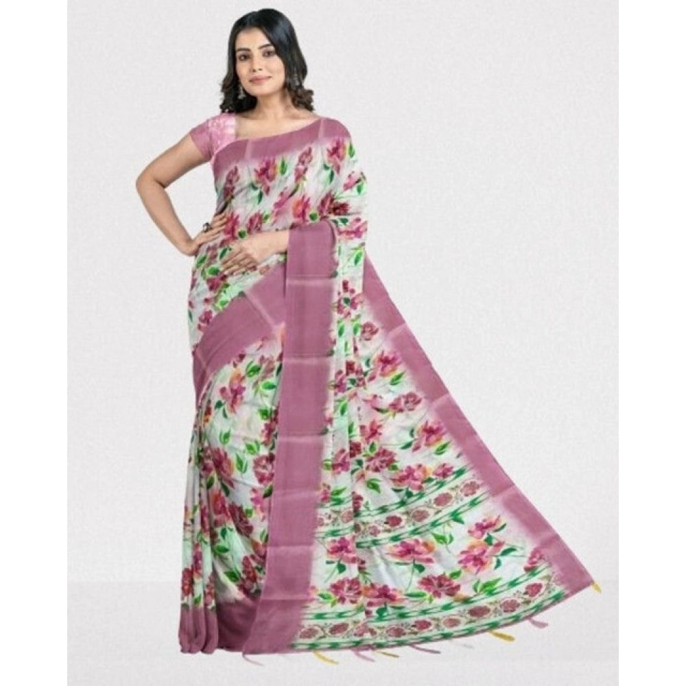 Amfyn Women's Cotton Blend Floral Printed Saree With Unstitched Blouse 5.5Mtr (Pink)
