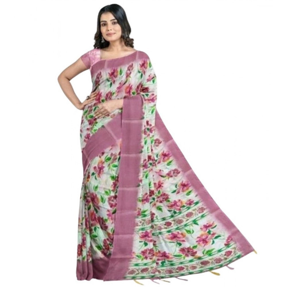 Amfyn Women's Cotton Blend Floral Printed Saree With Unstitched Blouse 5.5Mtr (Pink)
