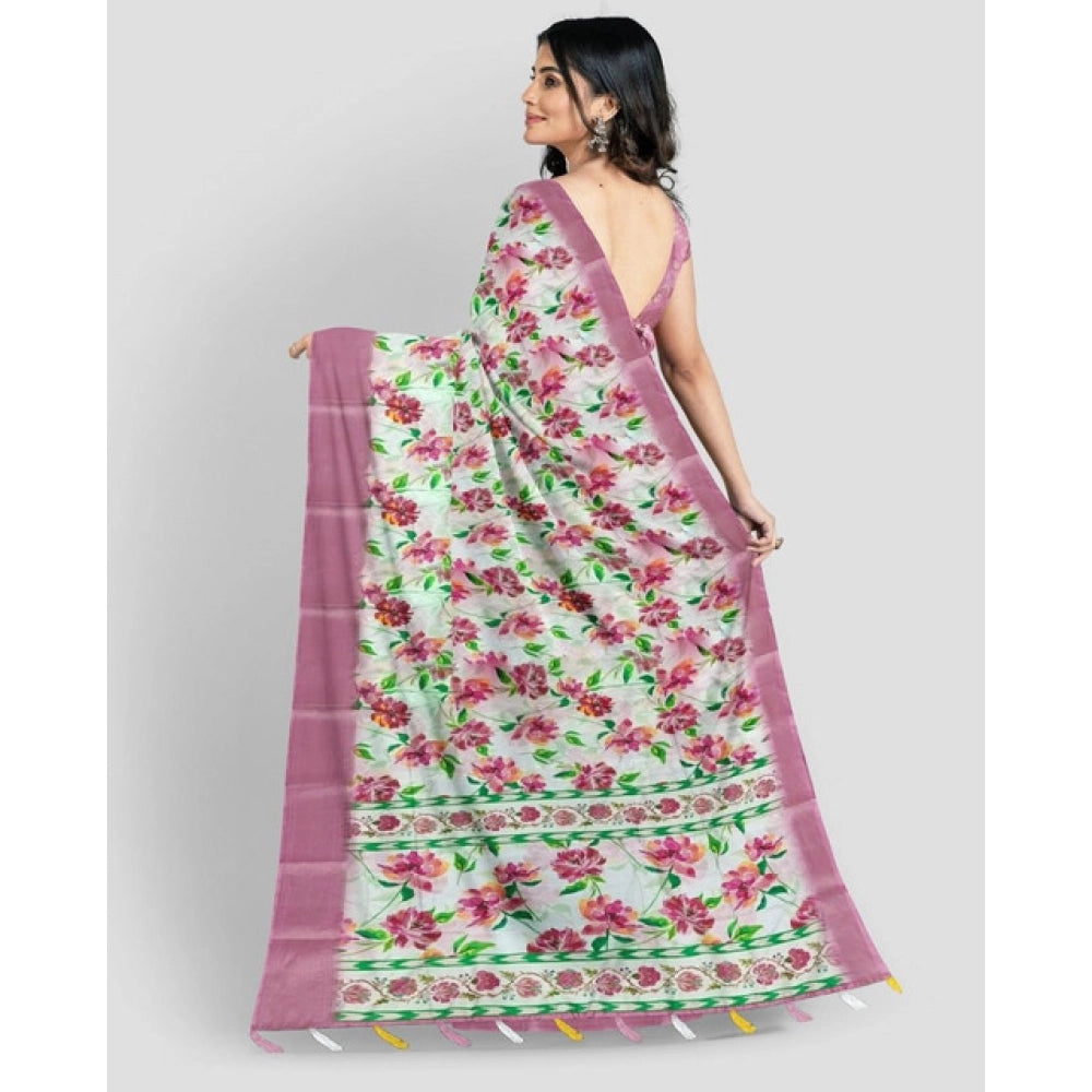 Amfyn Women's Cotton Blend Floral Printed Saree With Unstitched Blouse 5.5Mtr (Pink)
