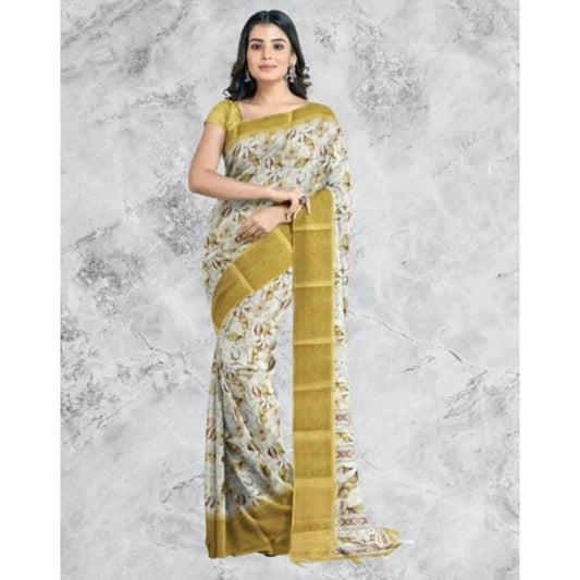 Amfyn Women's Cotton Blend Floral Printed Saree With Unstitched Blouse 5.5Mtr (Mustard)