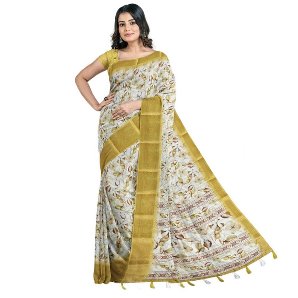 Amfyn Women's Cotton Blend Floral Printed Saree With Unstitched Blouse 5.5Mtr (Mustard)