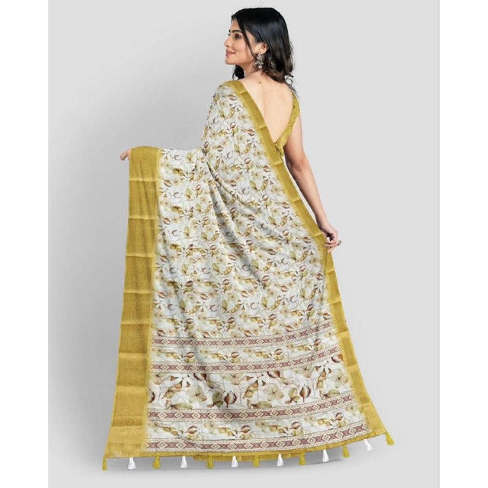 Amfyn Women's Cotton Blend Floral Printed Saree With Unstitched Blouse 5.5Mtr (Mustard)