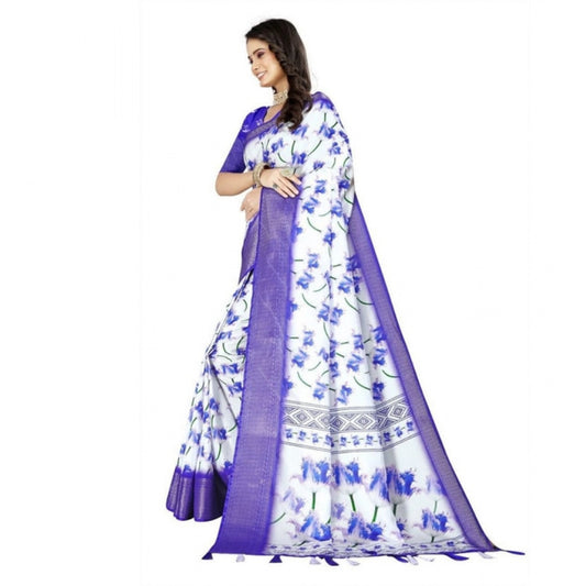 Amfyn Women's Cotton Silk Floral Printed Saree With Unstitched Blouse 5.5Mtr (Blue)