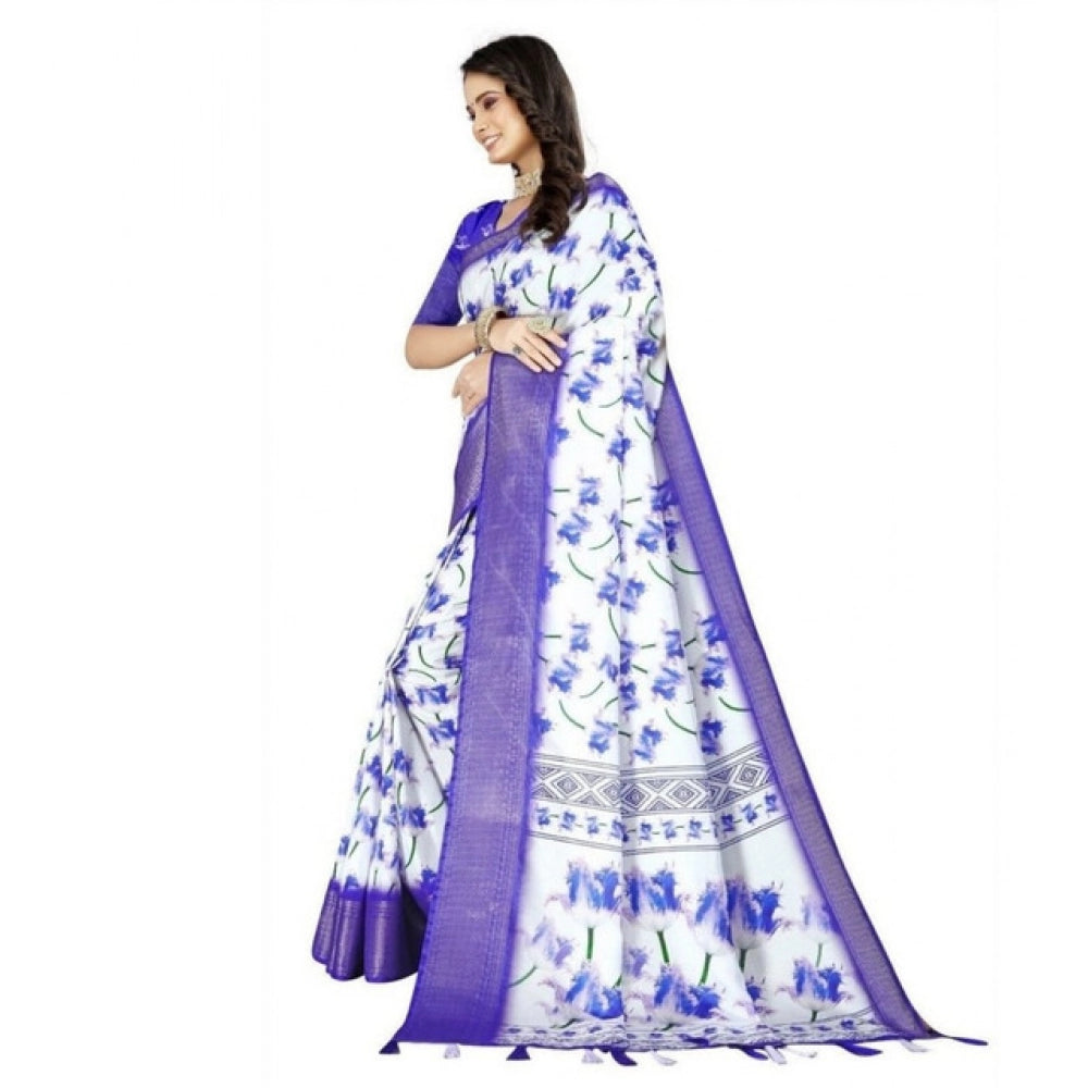 Amfyn Women's Cotton Silk Floral Printed Saree With Unstitched Blouse 5.5Mtr (Blue)