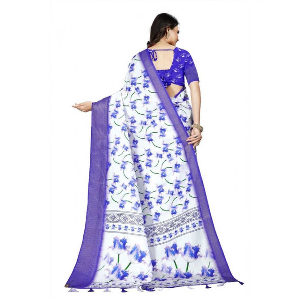 Amfyn Women's Cotton Silk Floral Printed Saree With Unstitched Blouse 5.5Mtr (Blue)