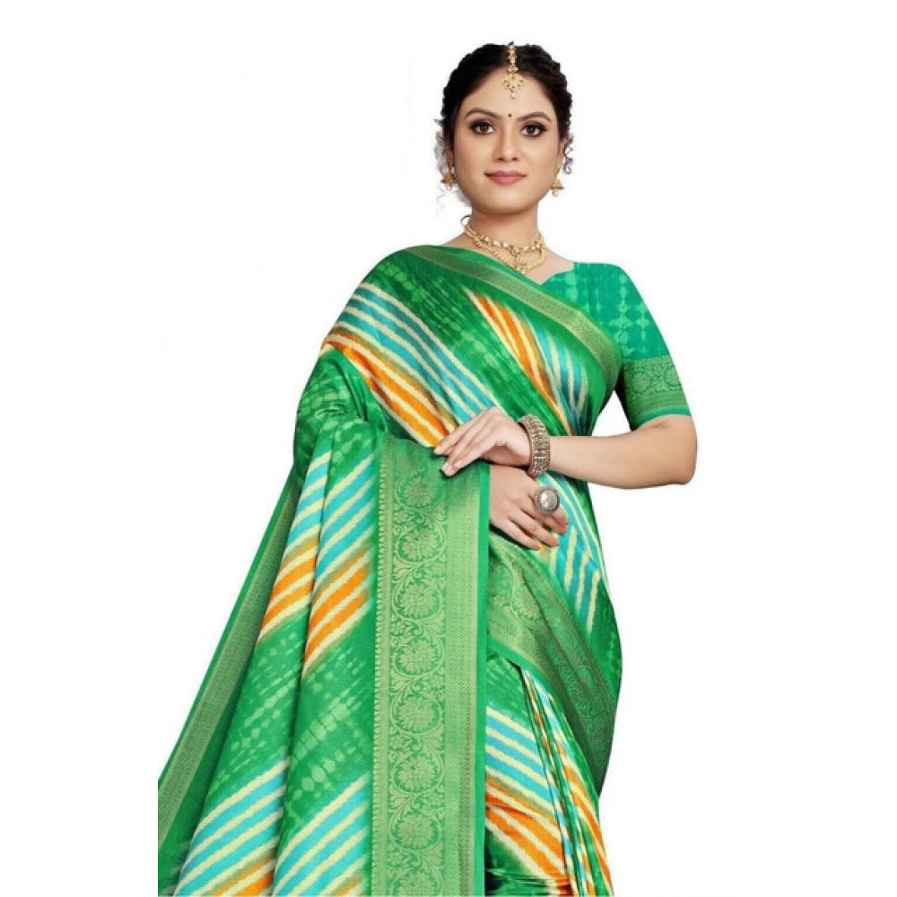 Amfyn Women's Cotton Silk Striped  Saree With Unstitched Blouse 5.5Mtr (Green)