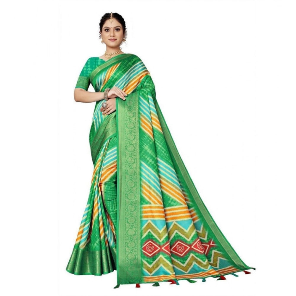 Amfyn Women's Cotton Silk Striped  Saree With Unstitched Blouse 5.5Mtr (Green)