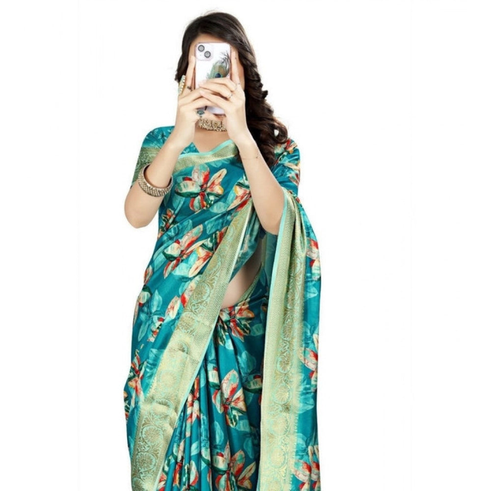 Amfyn Women's Cotton Silk Floral Printed Saree With Unstitched Blouse 5.5Mtr (Turquoise)