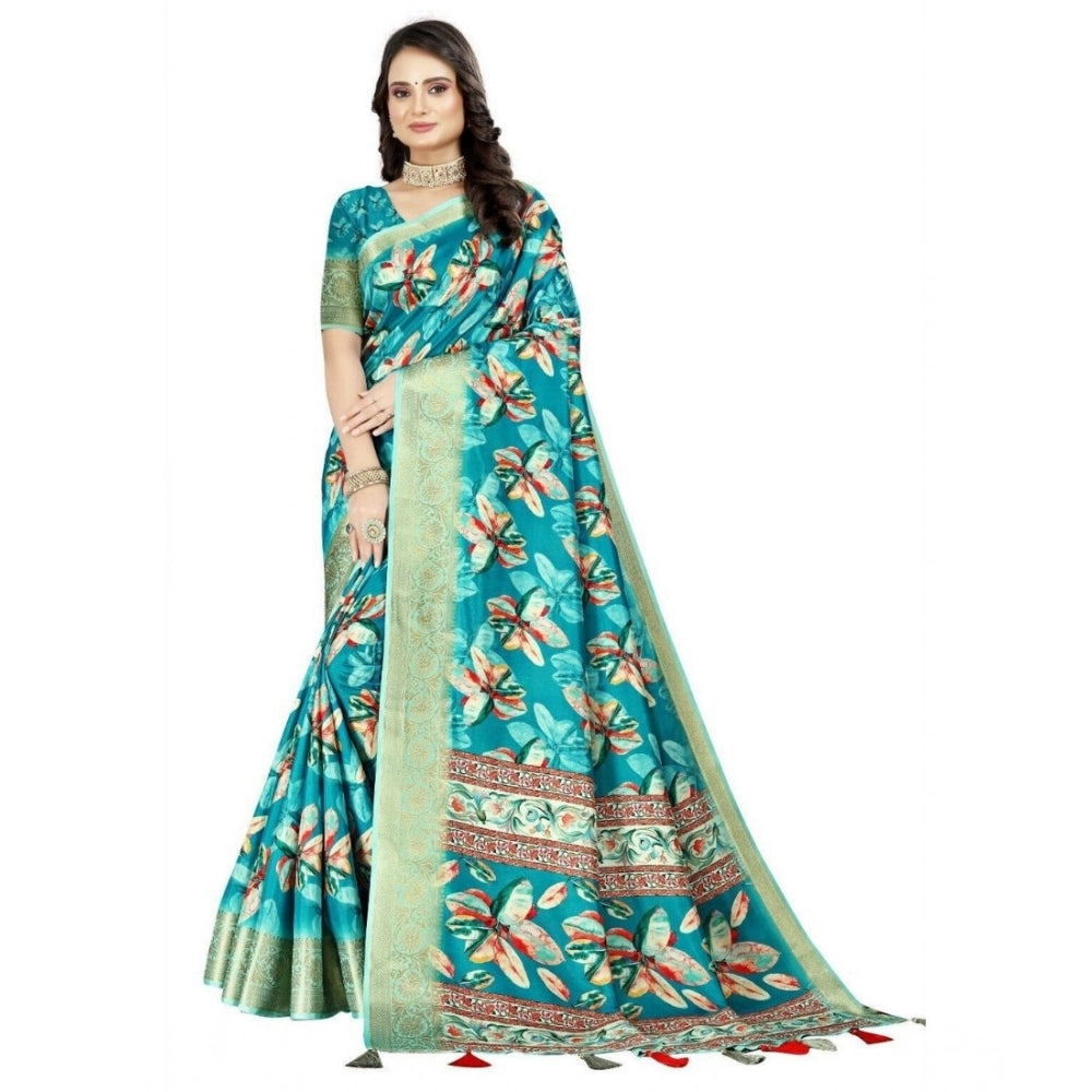 Amfyn Women's Cotton Silk Floral Printed Saree With Unstitched Blouse 5.5Mtr (Turquoise)