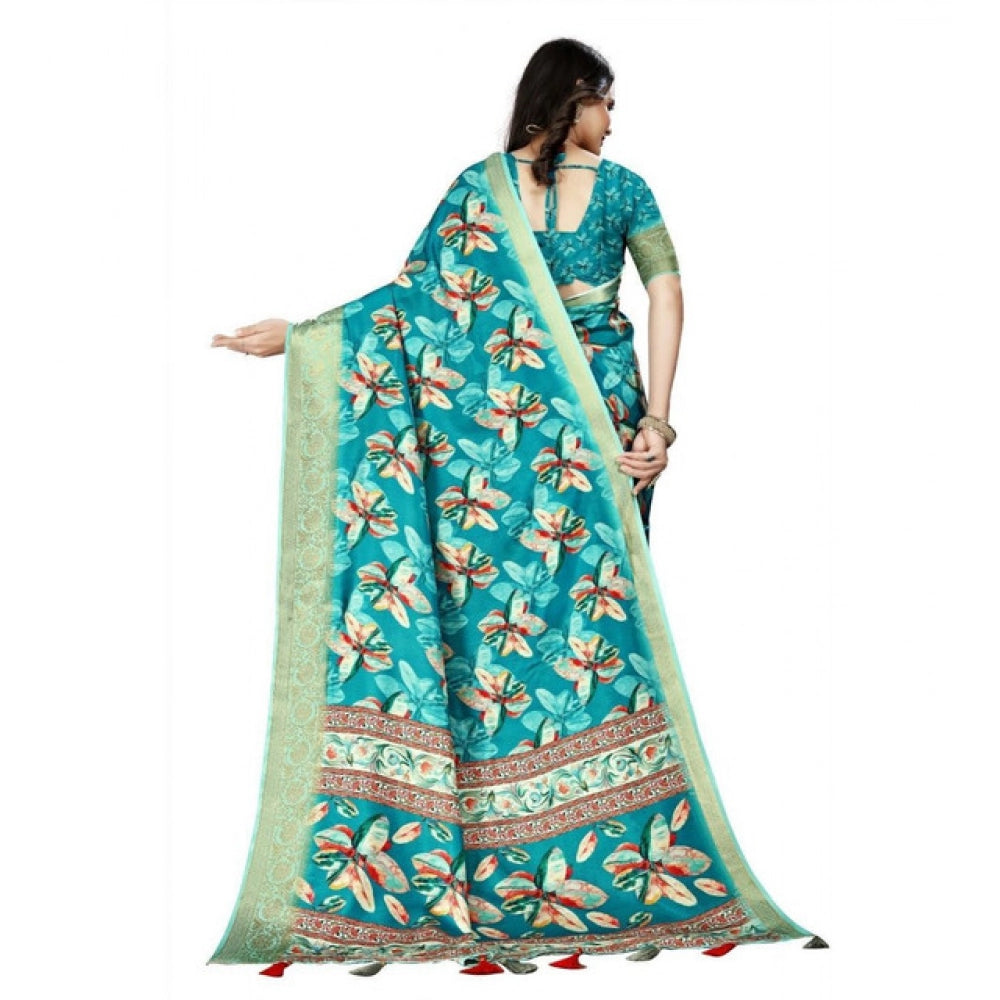 Amfyn Women's Cotton Silk Floral Printed Saree With Unstitched Blouse 5.5Mtr (Turquoise)