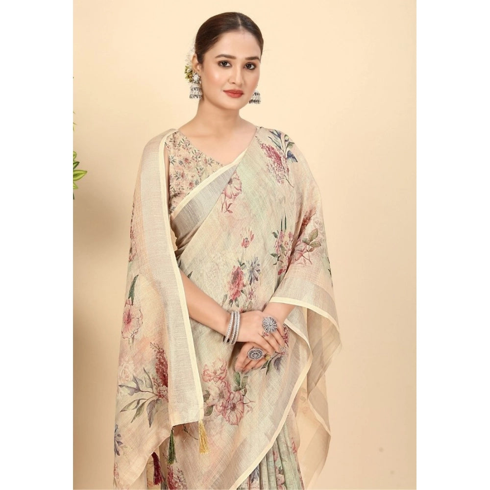 Amfyn Women's Cotton Silk Floral Printed Saree With Unstitched Blouse 5.5Mtr (Cream)