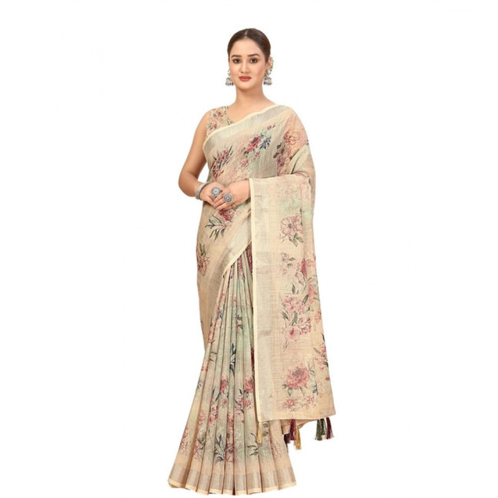 Amfyn Women's Cotton Silk Floral Printed Saree With Unstitched Blouse 5.5Mtr (Cream)