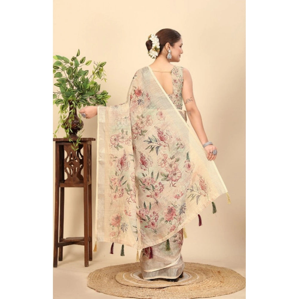 Amfyn Women's Cotton Silk Floral Printed Saree With Unstitched Blouse 5.5Mtr (Cream)