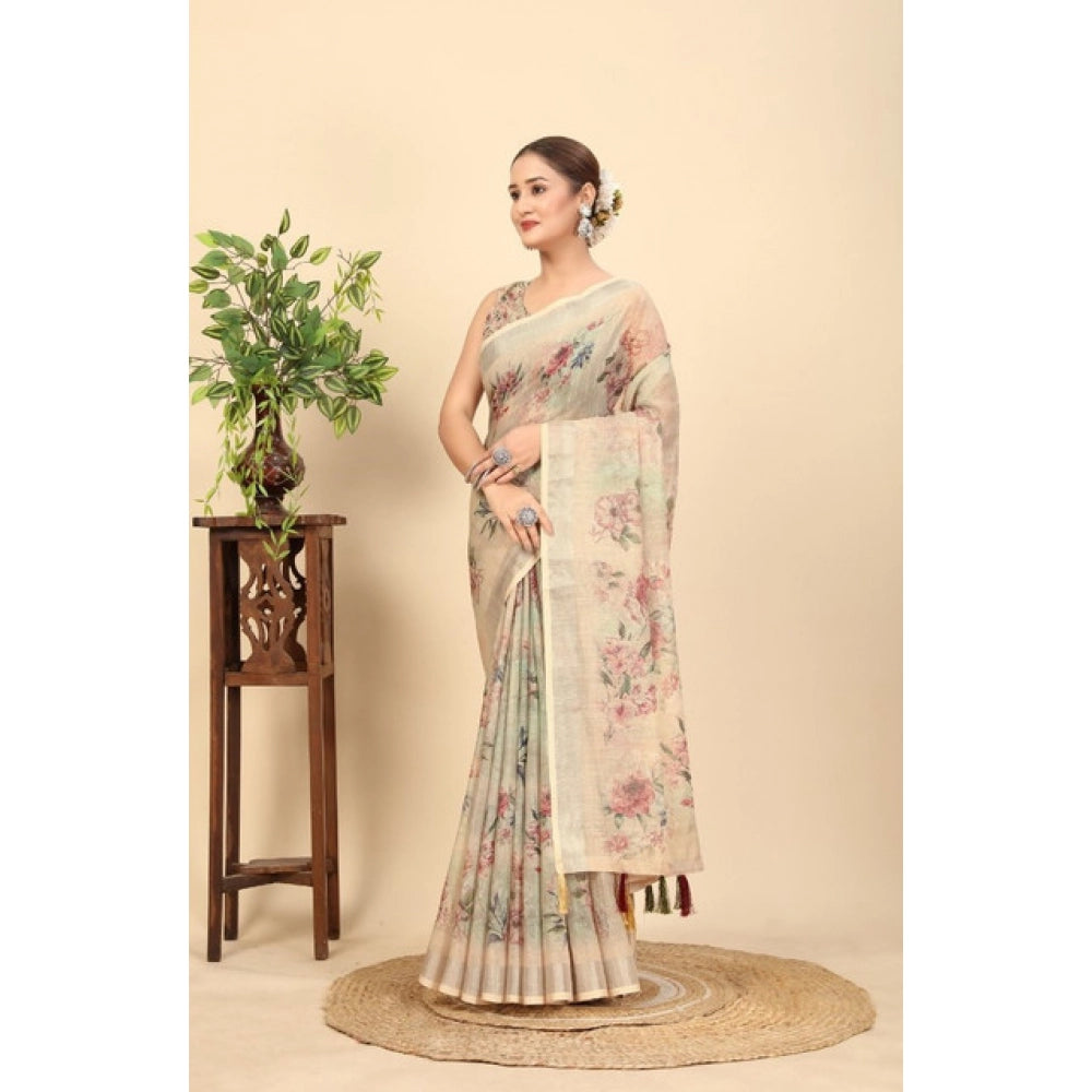Amfyn Women's Cotton Silk Floral Printed Saree With Unstitched Blouse 5.5Mtr (Cream)