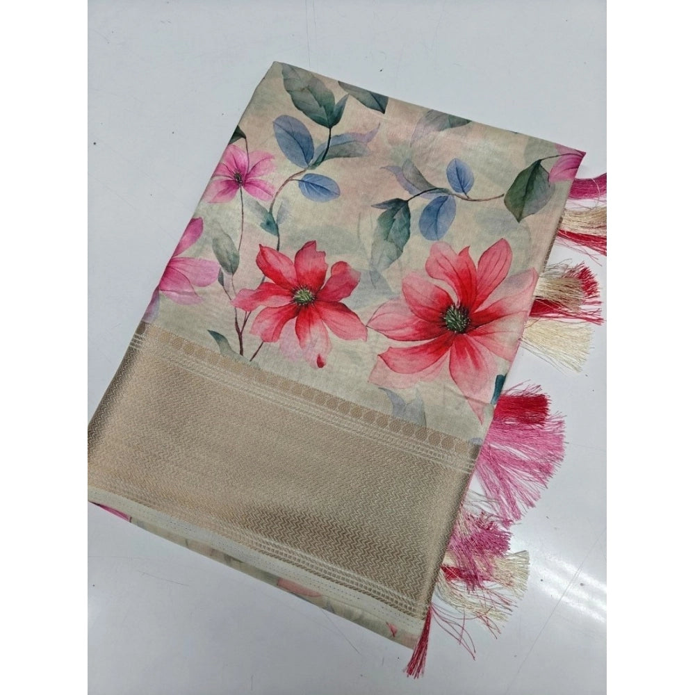 Amfyn Women's Cotton Silk Floral Printed Saree With Unstitched Blouse 5.5Mtr (Beige)
