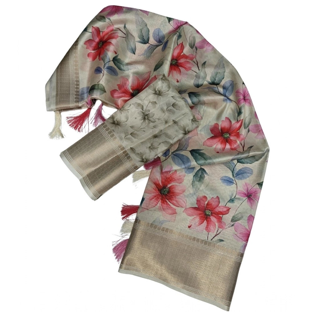 Amfyn Women's Cotton Silk Floral Printed Saree With Unstitched Blouse 5.5Mtr (Beige)