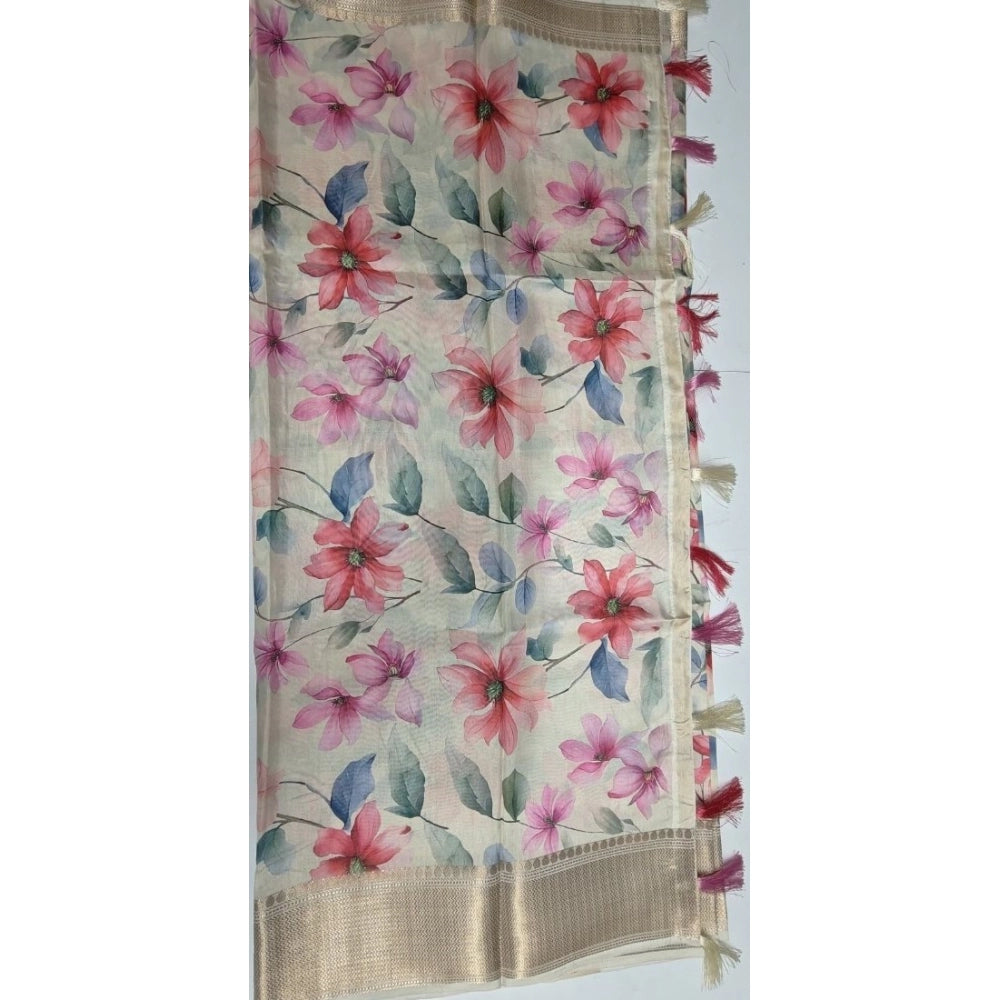Amfyn Women's Cotton Silk Floral Printed Saree With Unstitched Blouse 5.5Mtr (Beige)