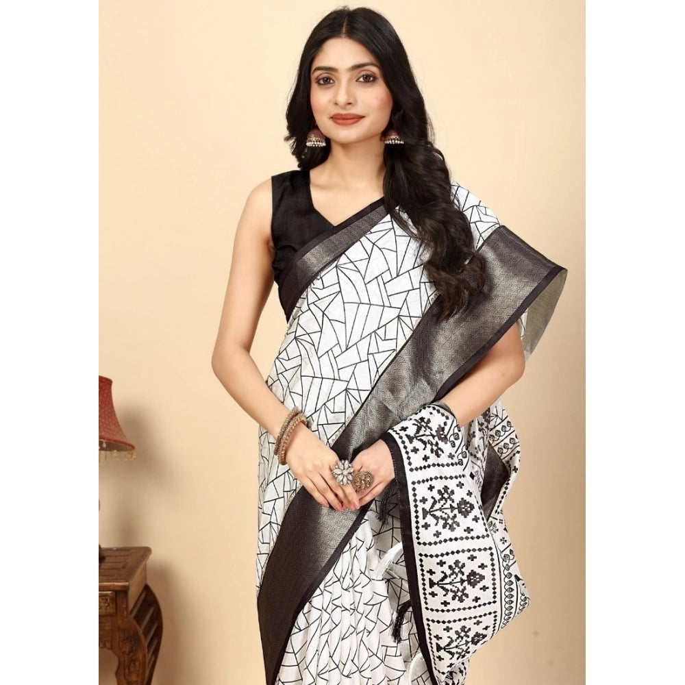 Amfyn Women's Cotton Silk Printed Saree With Unstitched Blouse 5.5Mtr (White-Black)