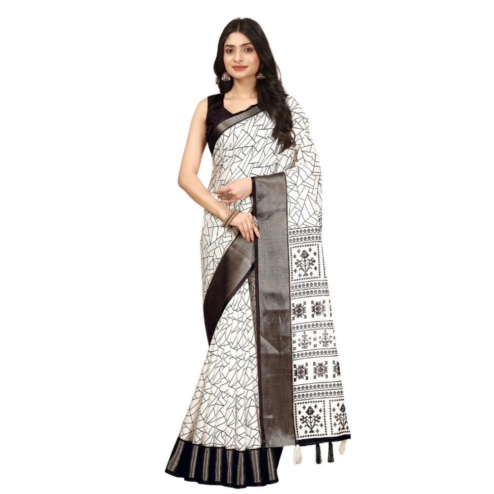 Amfyn Women's Cotton Silk Printed Saree With Unstitched Blouse 5.5Mtr (White-Black)