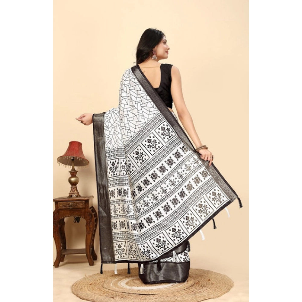Amfyn Women's Cotton Silk Printed Saree With Unstitched Blouse 5.5Mtr (White-Black)