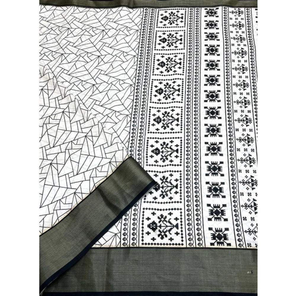 Amfyn Women's Cotton Silk Printed Saree With Unstitched Blouse 5.5Mtr (White-Black)