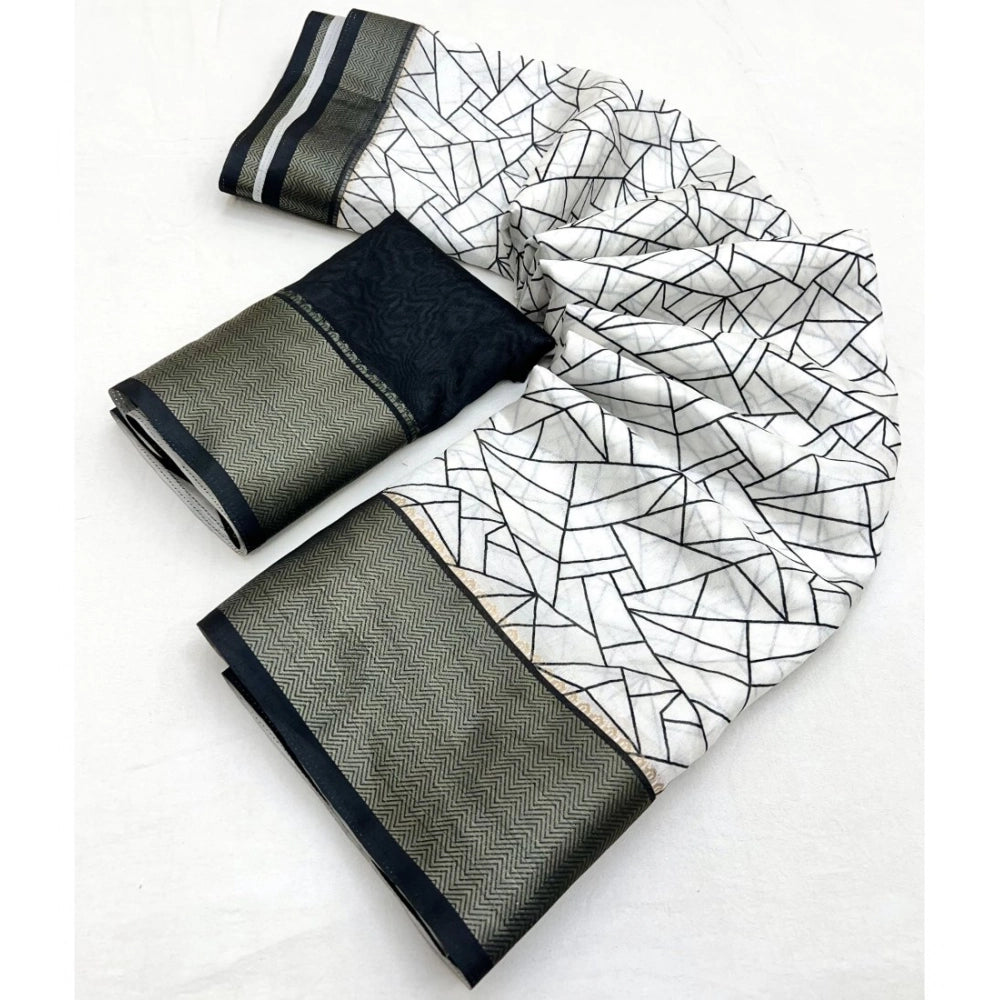 Amfyn Women's Cotton Silk Printed Saree With Unstitched Blouse 5.5Mtr (White-Black)