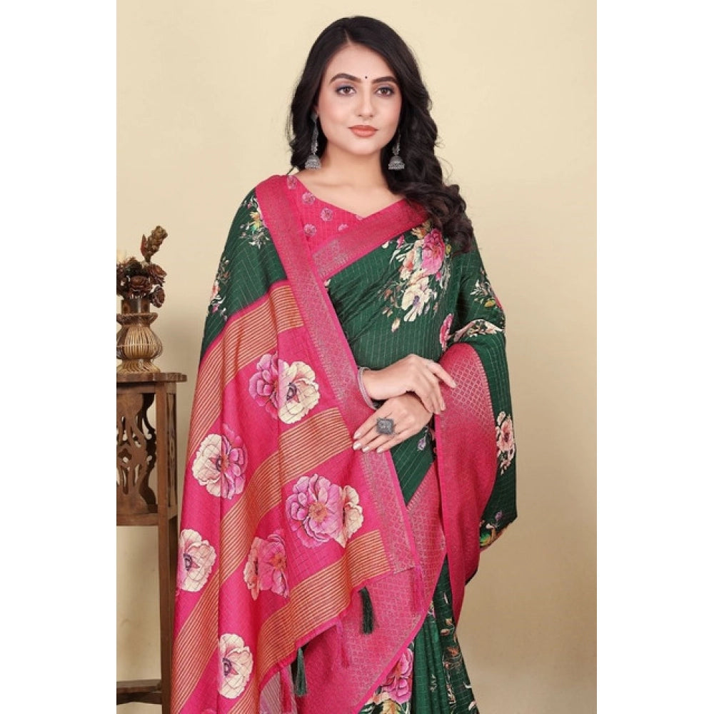 Amfyn Women's Cotton Blend Floral Printed Saree With Unstitched Blouse 5.5Mtr (Green)