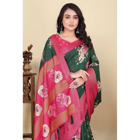 Amfyn Women's Cotton Blend Floral Printed Saree With Unstitched Blouse 5.5Mtr (Green)