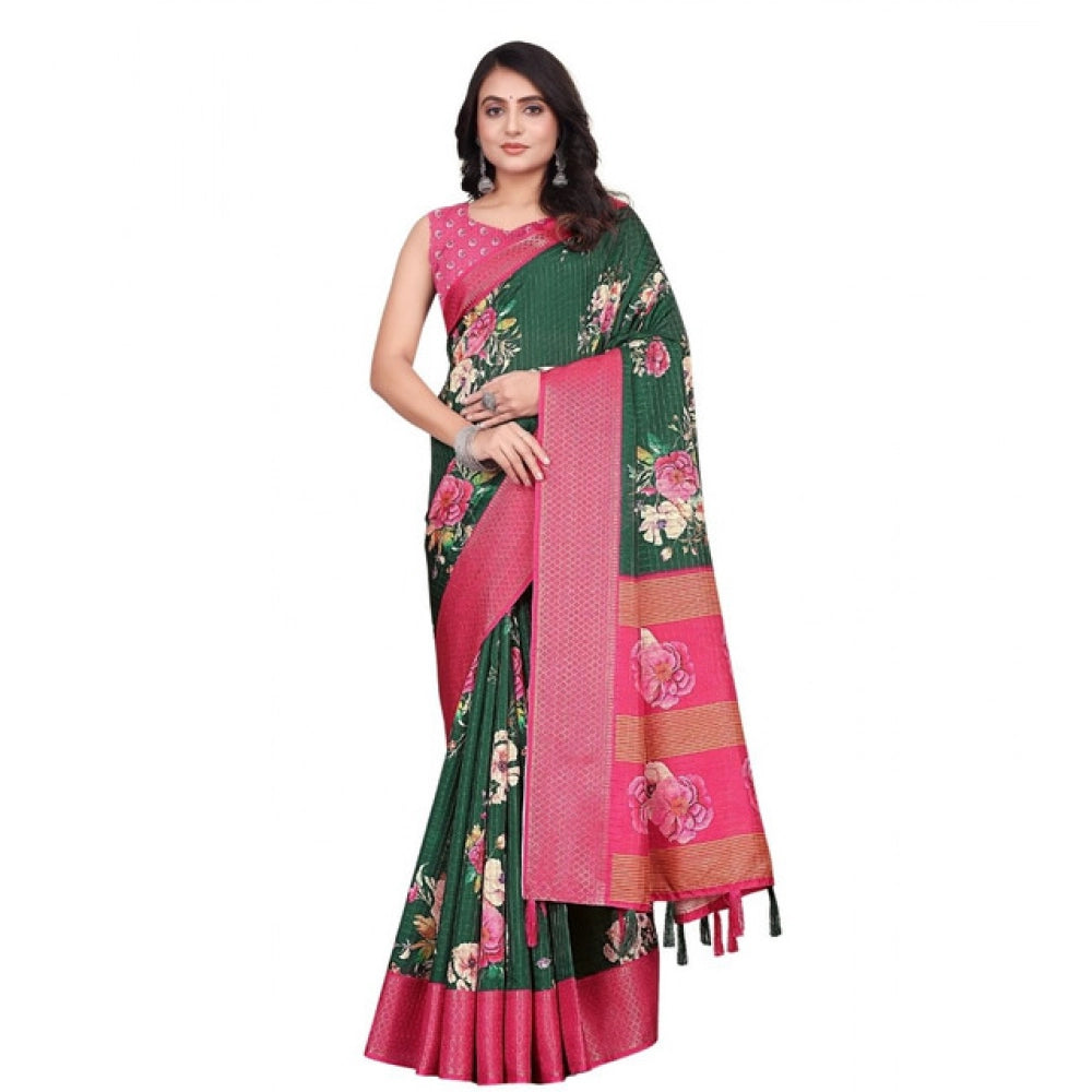 Amfyn Women's Cotton Blend Floral Printed Saree With Unstitched Blouse 5.5Mtr (Green)