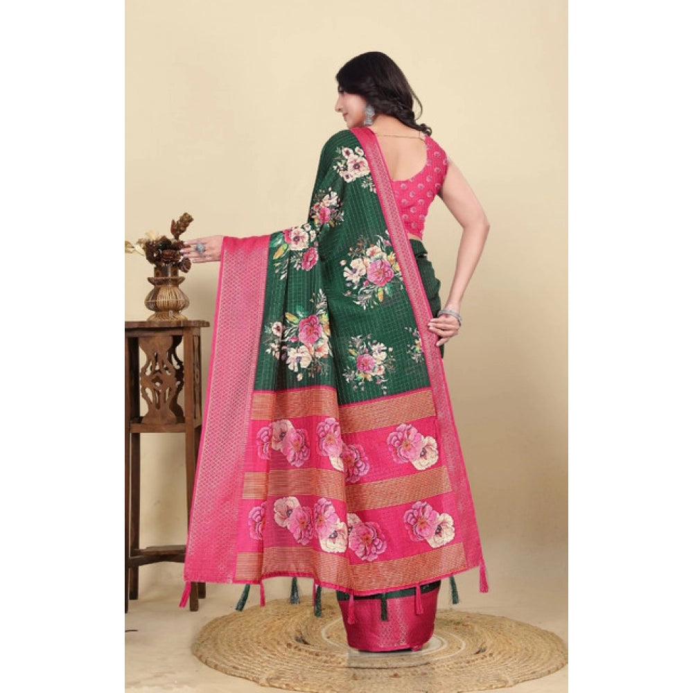 Amfyn Women's Cotton Blend Floral Printed Saree With Unstitched Blouse 5.5Mtr (Green)