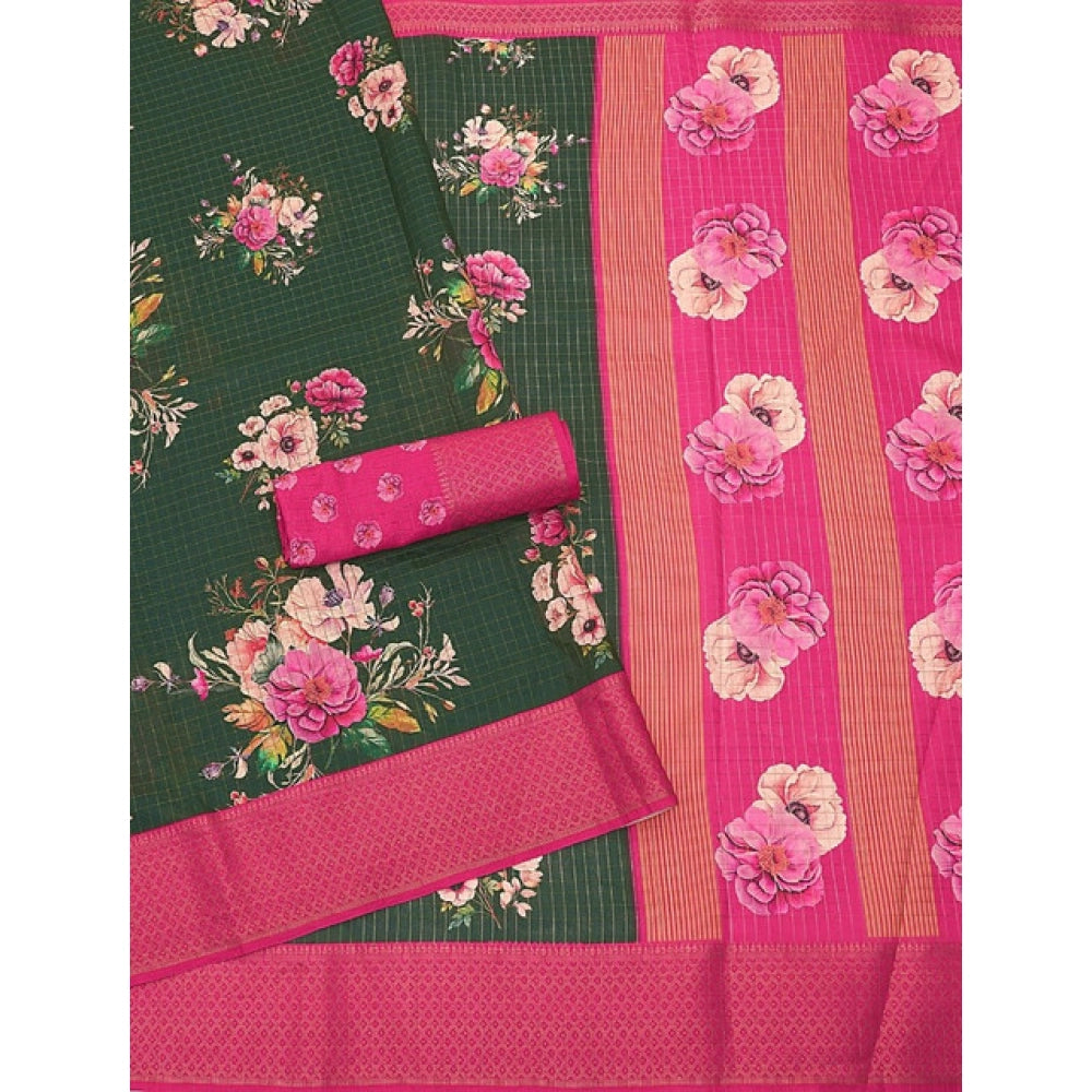 Amfyn Women's Cotton Blend Floral Printed Saree With Unstitched Blouse 5.5Mtr (Green)