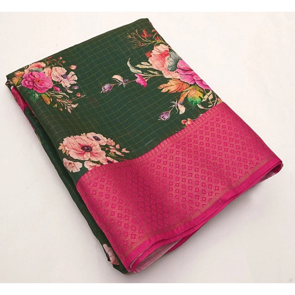 Amfyn Women's Cotton Blend Floral Printed Saree With Unstitched Blouse 5.5Mtr (Green)