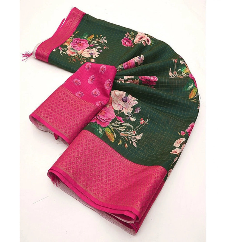Amfyn Women's Cotton Blend Floral Printed Saree With Unstitched Blouse 5.5Mtr (Green)