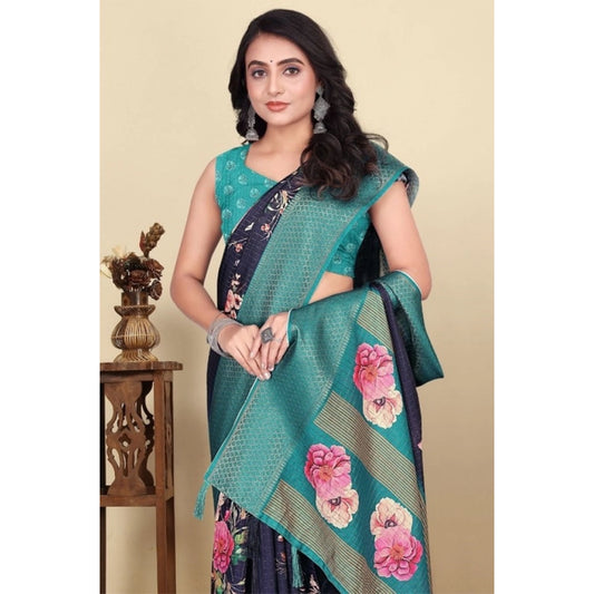 Amfyn Women's Cotton Blend Floral Printed Saree With Unstitched Blouse 5.5Mtr (Navy Blue)