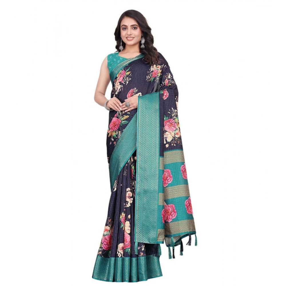 Amfyn Women's Cotton Blend Floral Printed Saree With Unstitched Blouse 5.5Mtr (Navy Blue)