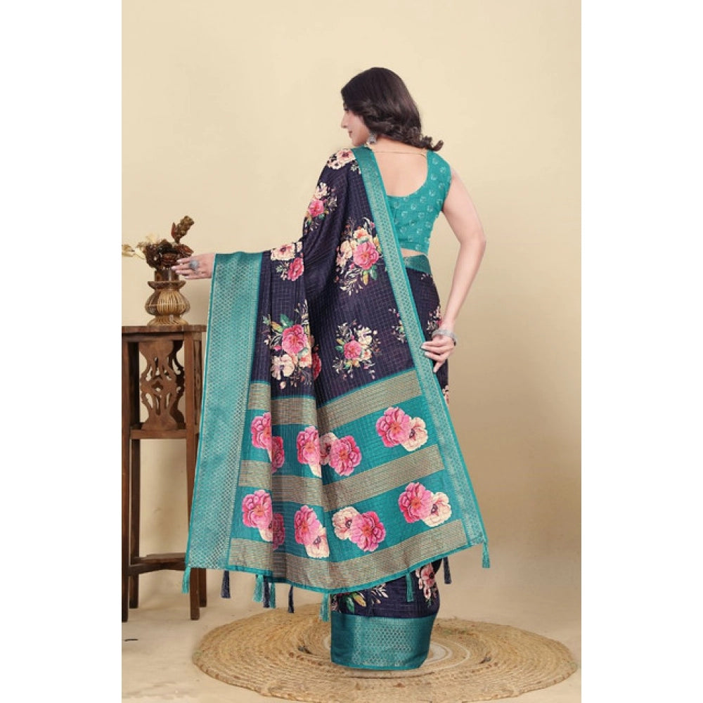 Amfyn Women's Cotton Blend Floral Printed Saree With Unstitched Blouse 5.5Mtr (Navy Blue)