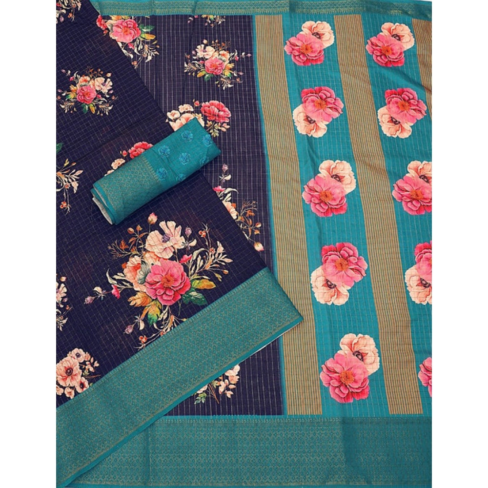 Amfyn Women's Cotton Blend Floral Printed Saree With Unstitched Blouse 5.5Mtr (Navy Blue)
