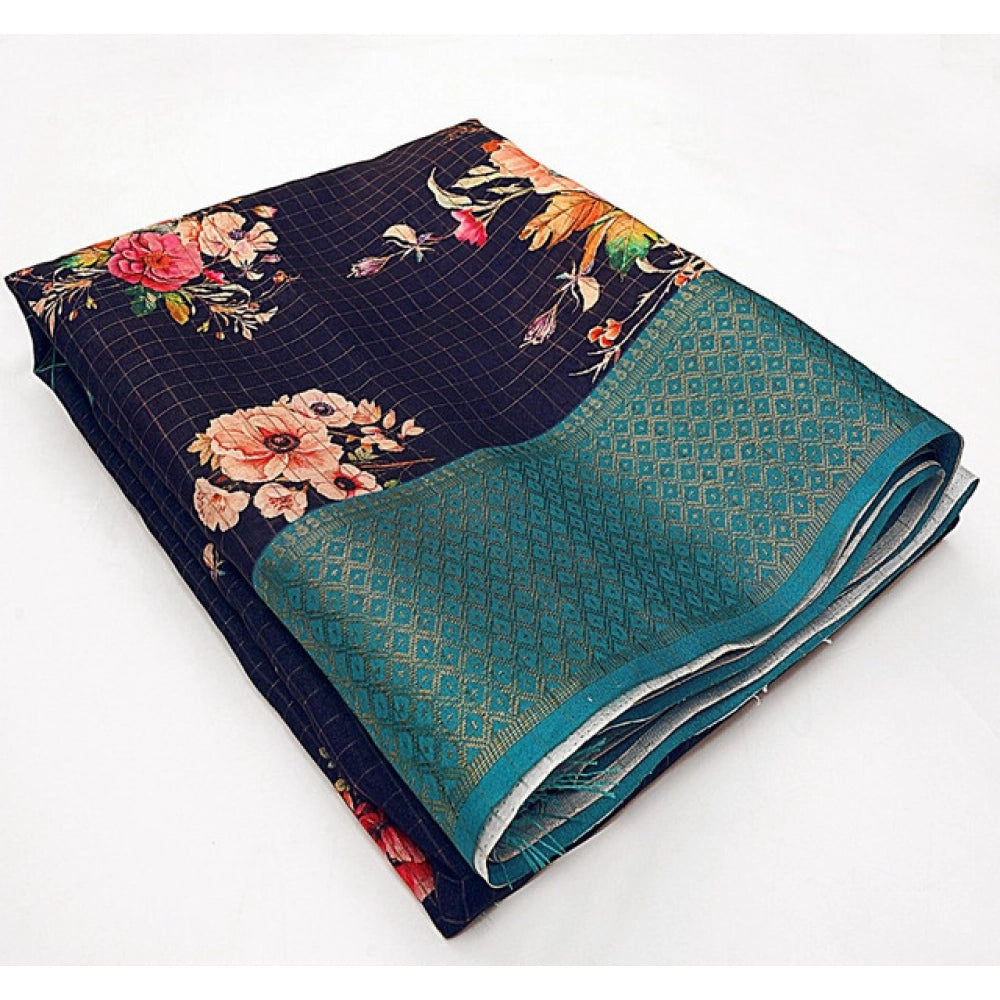 Amfyn Women's Cotton Blend Floral Printed Saree With Unstitched Blouse 5.5Mtr (Navy Blue)