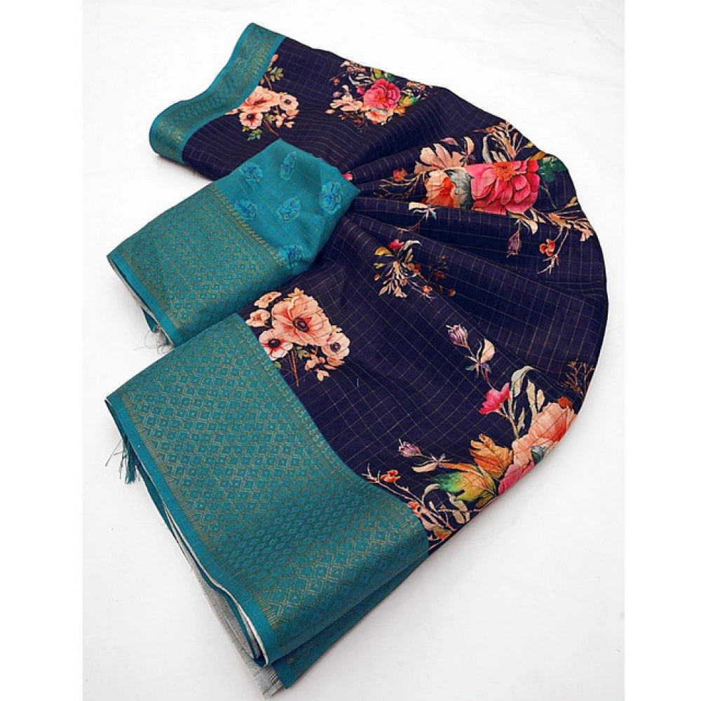 Amfyn Women's Cotton Blend Floral Printed Saree With Unstitched Blouse 5.5Mtr (Navy Blue)