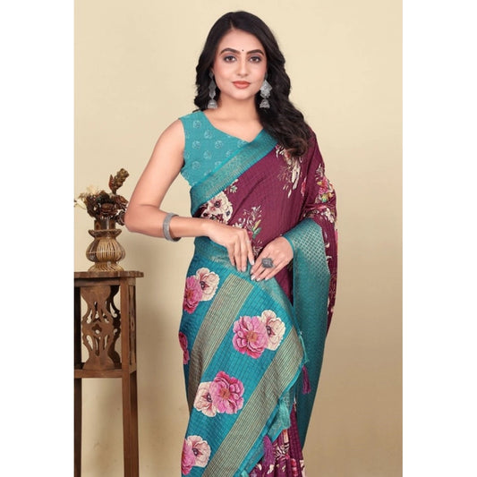 Amfyn Women's Cotton Blend Floral Printed Saree With Unstitched Blouse 5.5Mtr (Maroon)